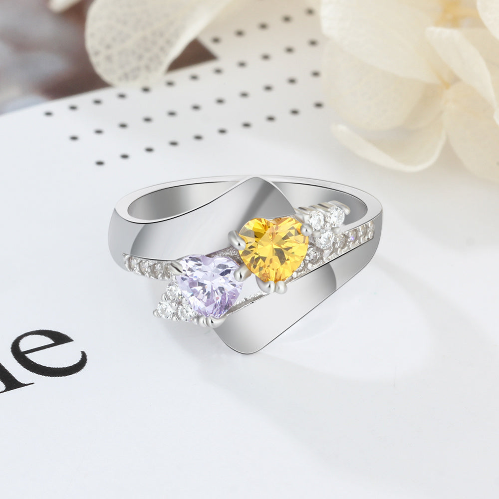 JO Peronalized Ring Personalized 2 Heart Birthstone Silver Mother's Ring - Classic Design 2 Engraved Names