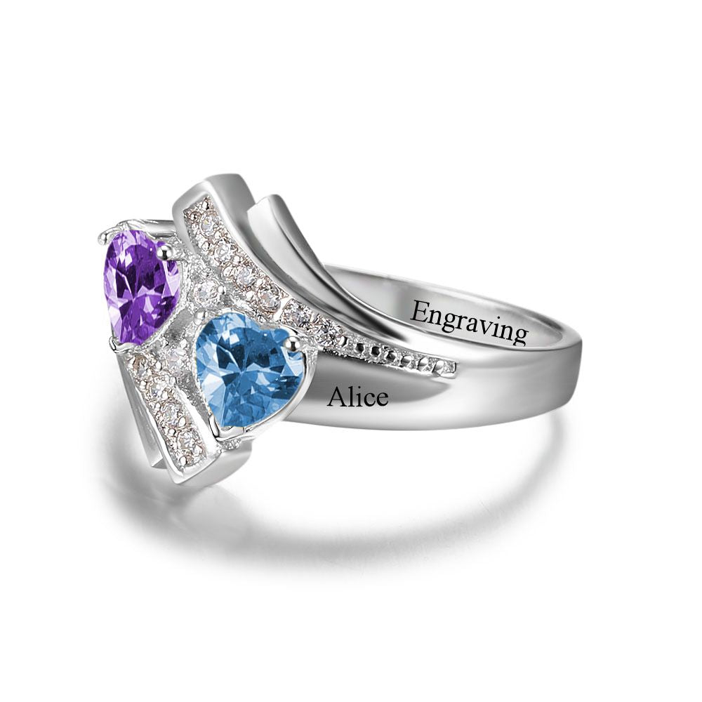 JO Peronalized Ring Personalized 2 Stone Vintage Look Heart Birthstones Mothers Ring