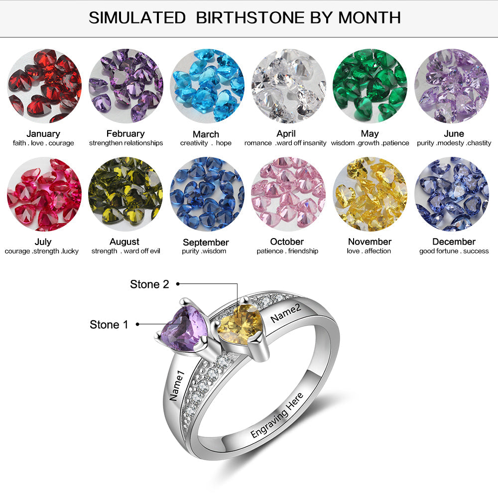 JO Peronalized Ring Personalized Mother's Ring 2 Heart Birthstones Stacked Hearts 2 Engraved Names