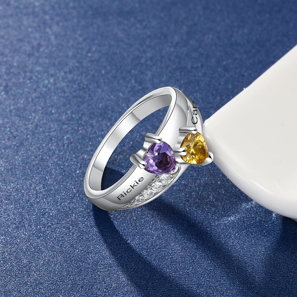 JO Peronalized Ring Personalized Mother's Ring 2 Heart Birthstones Stacked Hearts 2 Engraved Names
