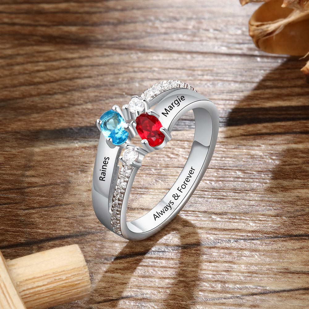 JO Peronalized Ring Personalized Mother's Ring 2 Oval Birthstones 2 Engraved Names