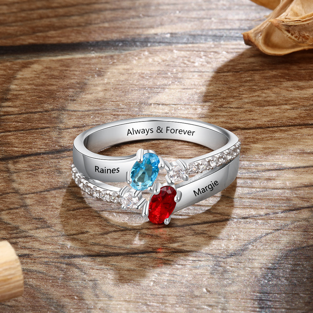 JO Peronalized Ring Personalized Mother's Ring 2 Oval Birthstones 2 Engraved Names