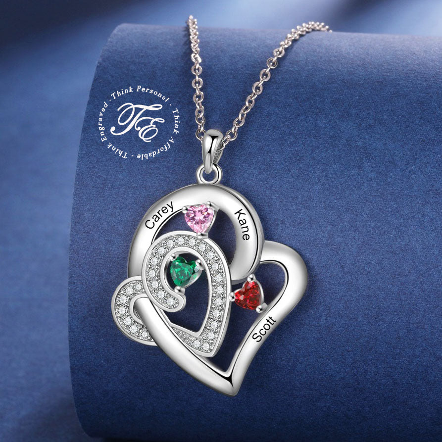 Think Engraved engraved necklace Custom 3 Birthstone Heart Name Pendant Necklace - 3 Stone Mother's Necklace Stainless