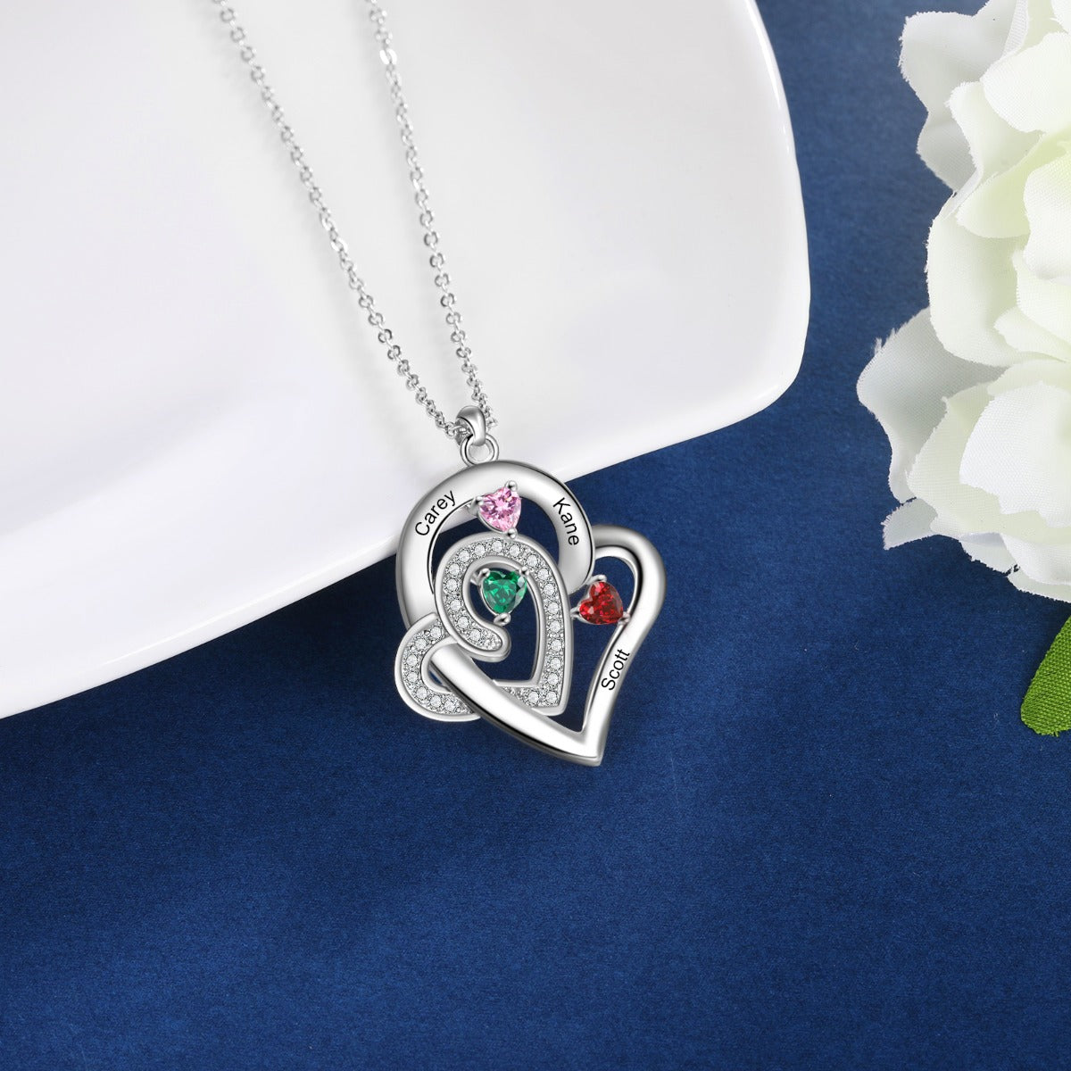 Think Engraved engraved necklace Custom 3 Birthstone Heart Name Pendant Necklace - 3 Stone Mother's Necklace Stainless