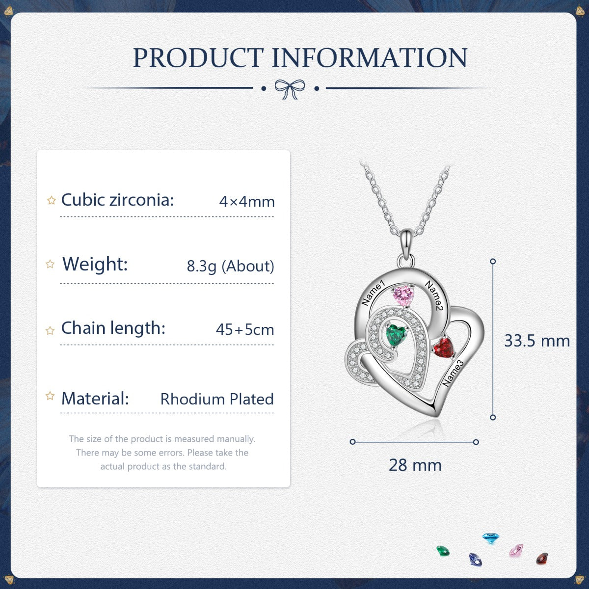 Think Engraved engraved necklace Custom 3 Birthstone Heart Name Pendant Necklace - 3 Stone Mother's Necklace Stainless