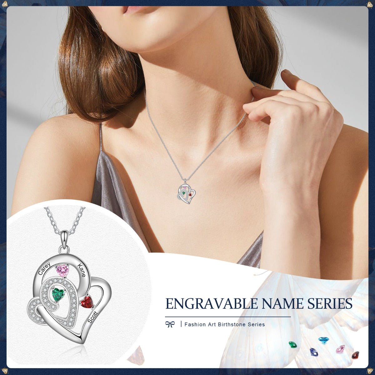 Think Engraved engraved necklace Custom 3 Birthstone Heart Name Pendant Necklace - 3 Stone Mother's Necklace Stainless