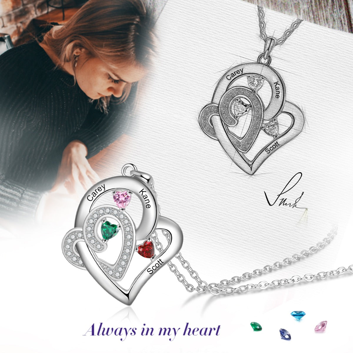 Think Engraved engraved necklace Custom 3 Birthstone Heart Name Pendant Necklace - 3 Stone Mother's Necklace Stainless