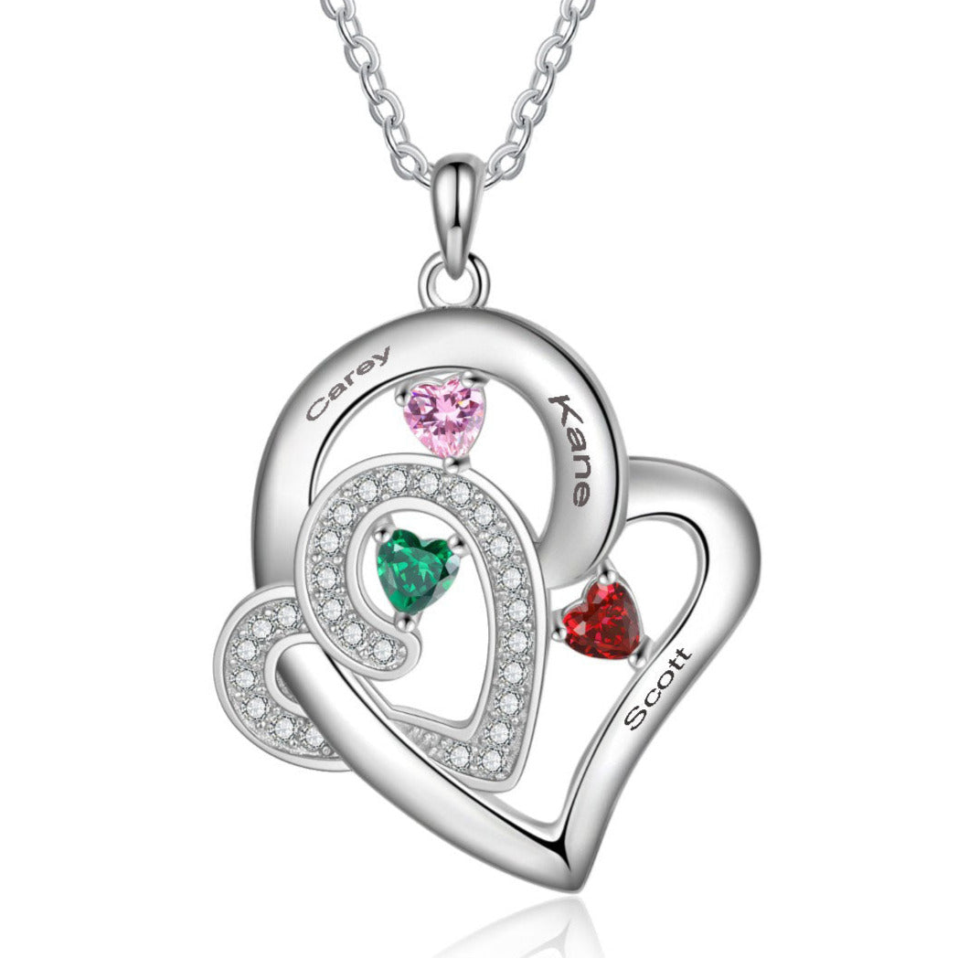 Think Engraved engraved necklace Custom 3 Birthstone Heart Name Pendant Necklace - 3 Stone Mother's Necklace Stainless