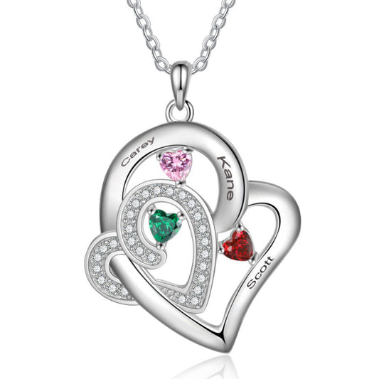 Think Engraved engraved necklace Custom 3 Birthstone Heart Name Pendant Necklace - 3 Stone Mother's Necklace Stainless