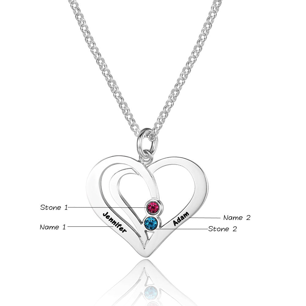 Think Engraved engraved necklace Engraved 2 Birthstone Heart Mother's Necklace - 2 Engraved Names 2 Stones