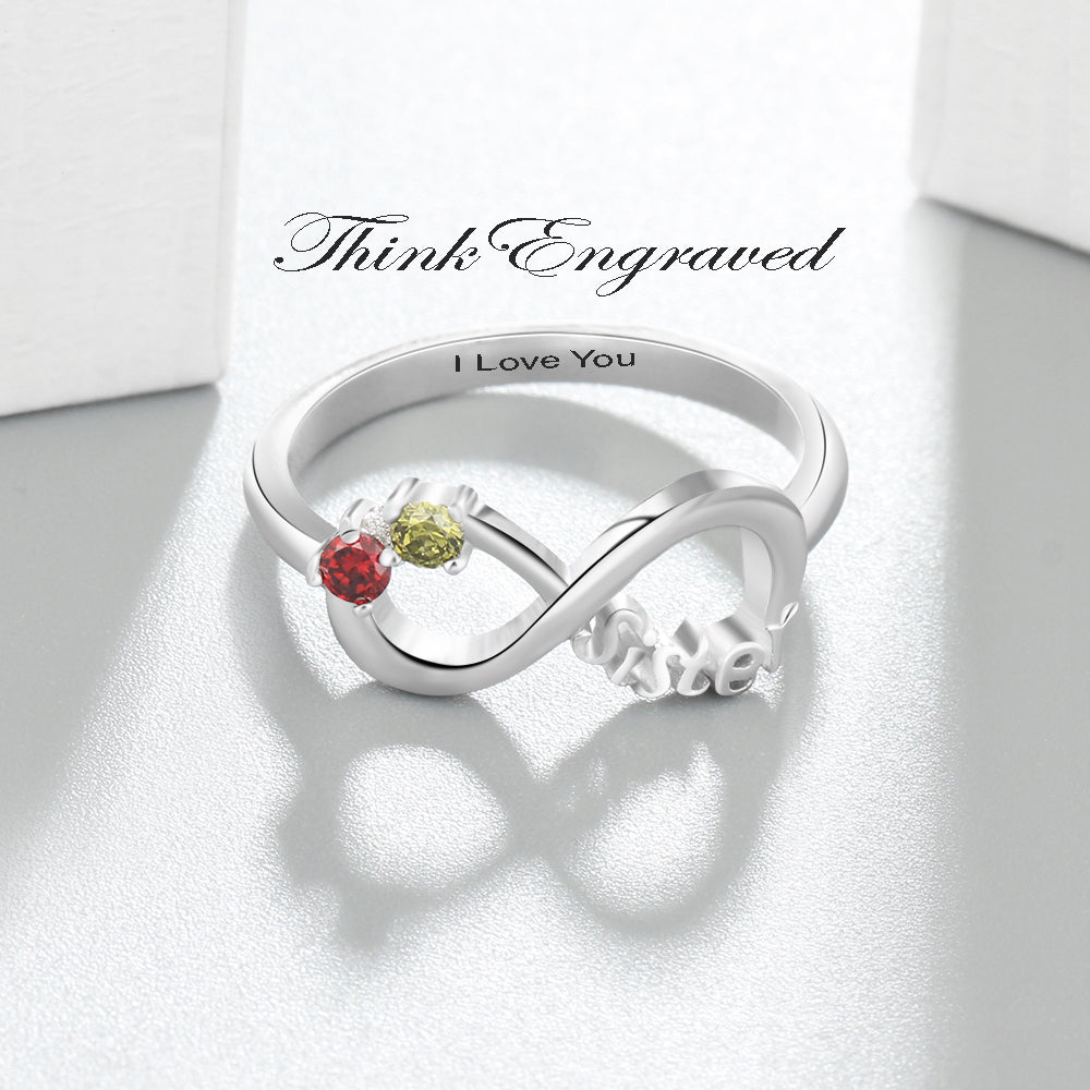 Think Engraved Mother's Ring Custom 2 Stone Infinity Sisters Ring - Dual Birthstone Sisters Ring With Engraving