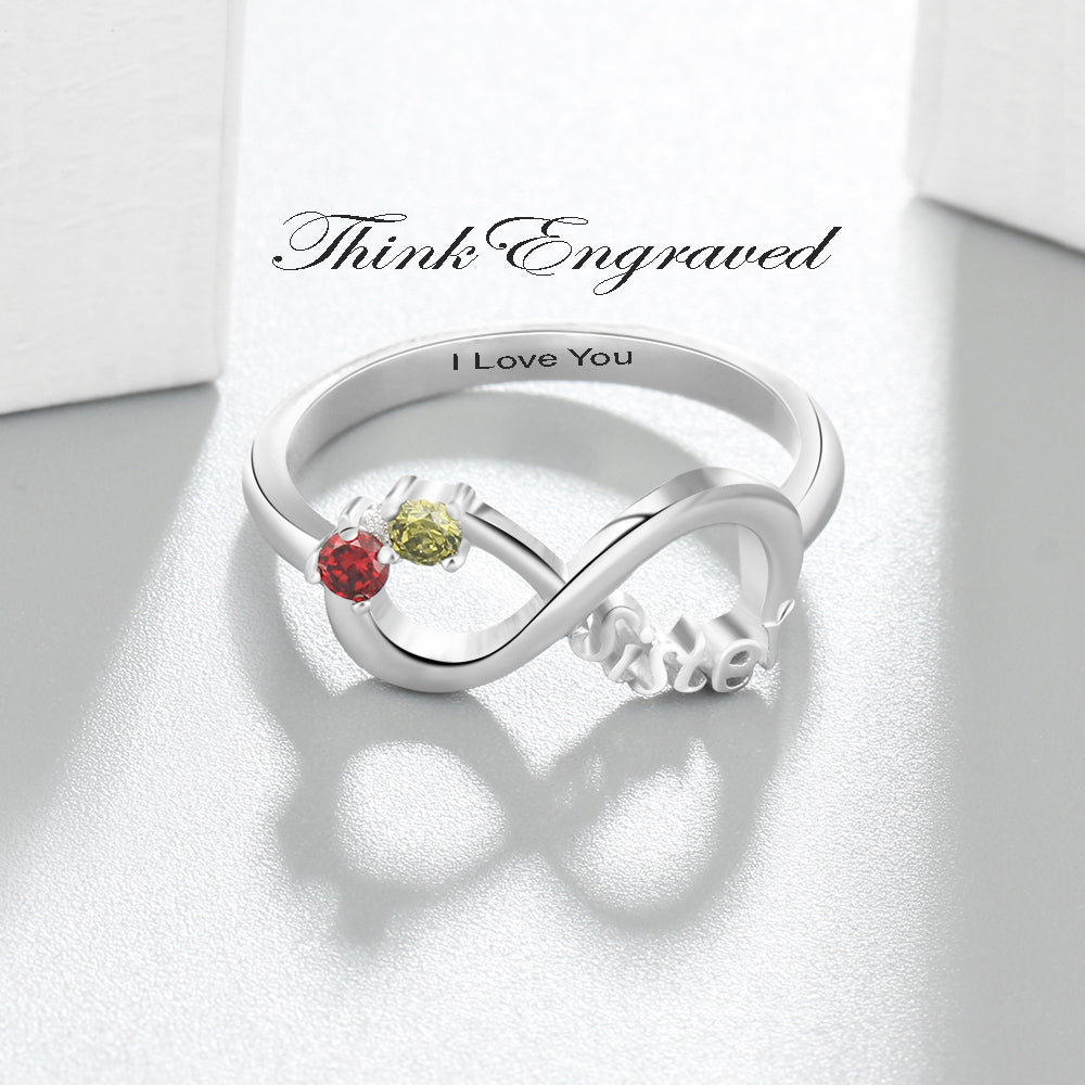 Think Engraved Mother's Ring Custom 2 Stone Infinity Sisters Ring - Dual Birthstone Sisters Ring With Engraving