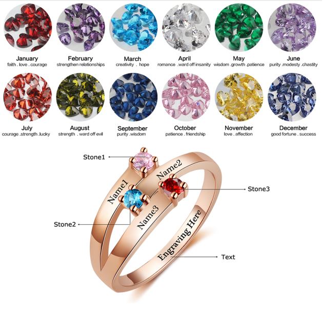 Think Engraved Mother's Ring Custom 3 Birthstone 3 Engraved Names Rose Gold Ribbon Band Mother's Ring