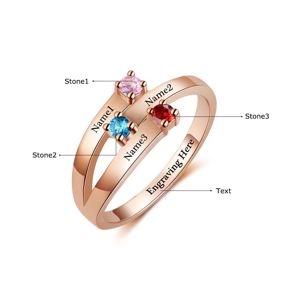 Think Engraved Mother's Ring Custom 3 Birthstone 3 Engraved Names Rose Gold Ribbon Band Mother's Ring