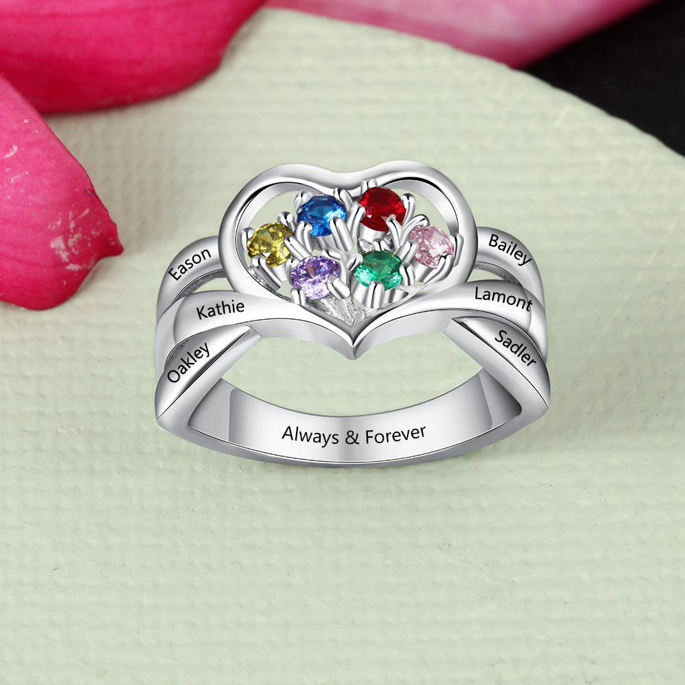 Think Engraved Mother's Ring Custom 6 Birthstone Mother's Ring 6 Engraved Names Heart Design