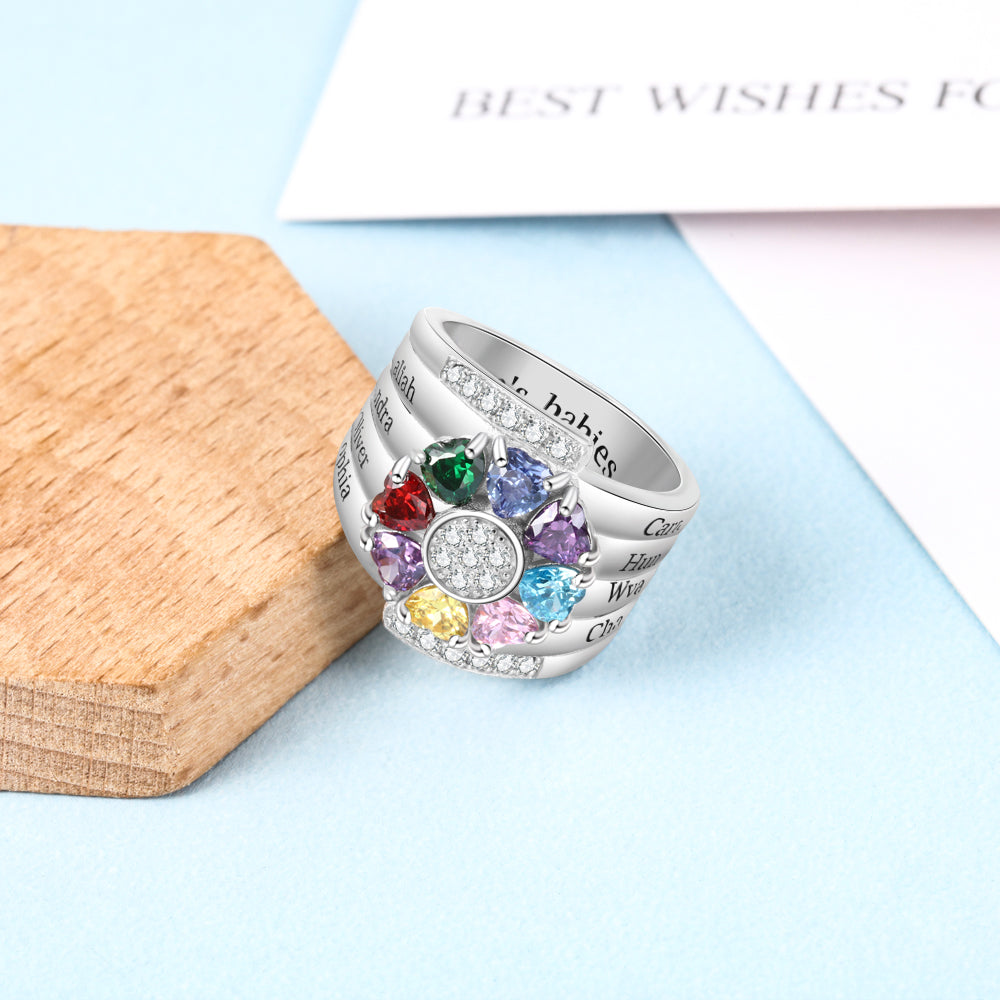 Think Engraved Mother's Ring Custom 8 Heart Birthstones Mother's Ring 8 Personalized Engraved Names