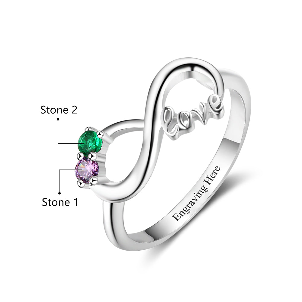 Think Engraved Mother's Ring Custom Engraved 2 Stone LOVE Infinity Knot Promise Ring or Mother's Ring Sterling Silver