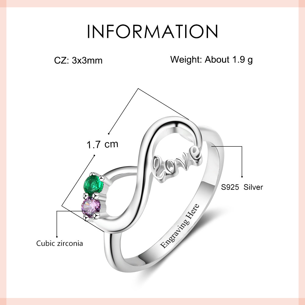 Think Engraved Mother's Ring Custom Engraved 2 Stone LOVE Infinity Knot Promise Ring or Mother's Ring Sterling Silver
