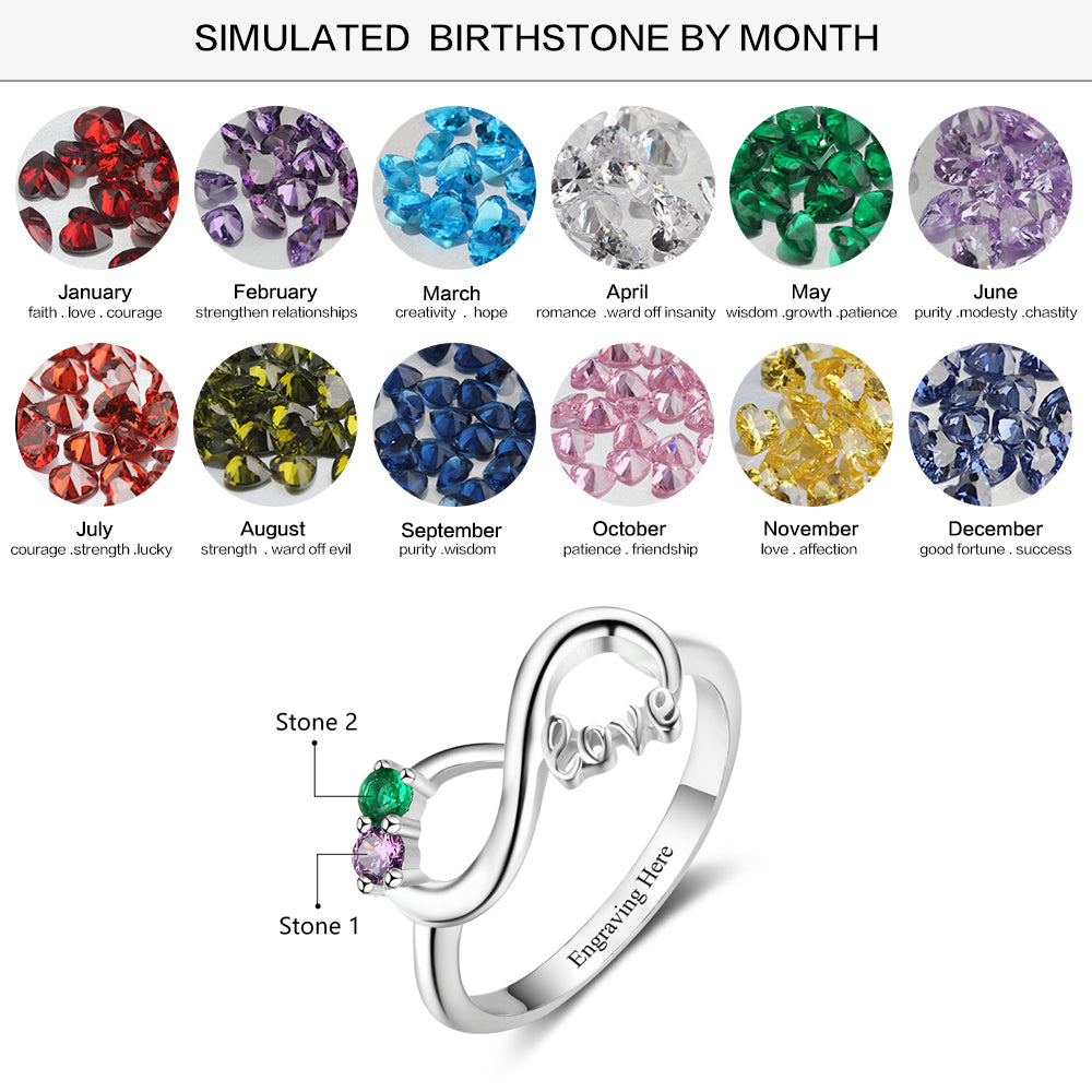 Think Engraved Mother's Ring Custom Engraved 2 Stone LOVE Infinity Knot Promise Ring or Mother's Ring Sterling Silver