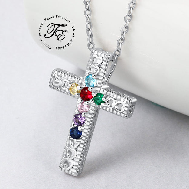 Think Engraved mothers necklace Personalized 7 Birthstone Cross Mother's Necklace - Heart Cut-Outs Crucifix