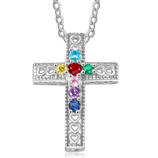 Think Engraved mothers necklace Personalized 7 Birthstone Cross Mother's Necklace - Heart Cut-Outs Crucifix