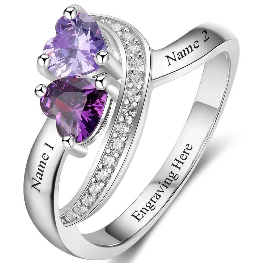 Custom 2 Heart Birthstones Ring - 2 Engraved Names Mother's Ring