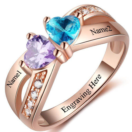 Think Engraved Peronalized Ring 6 Personalized 2 Stone United Hearts Rose Gold Mother's Ring 2 Engraved Names