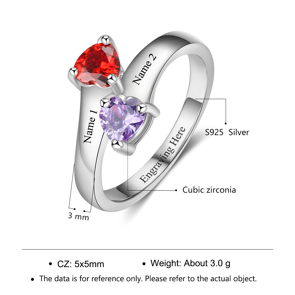 Think Engraved Peronalized Ring Custom 2 Birthstone Engraved Mothers Ring - 2 Engraved Names 2 Heart Stones