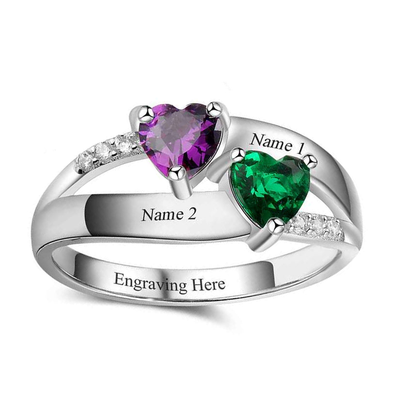 Think Engraved Peronalized Ring Custom 2 Heart Stones Name Ring  - 2 Engraved Names Mother's Ring