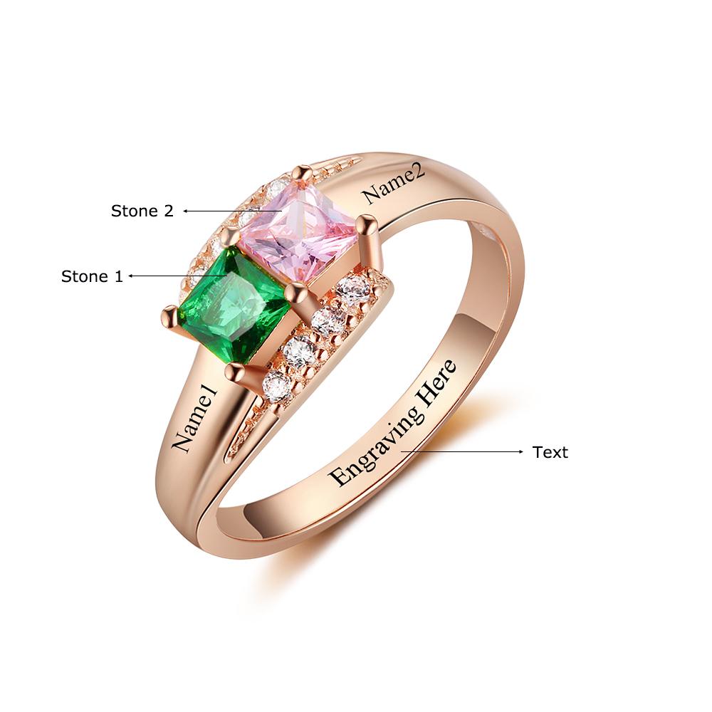 Think Engraved Peronalized Ring Personalized 2 Birthstone Splendid Rose Gold IP Mothers Ring or Promise Ring