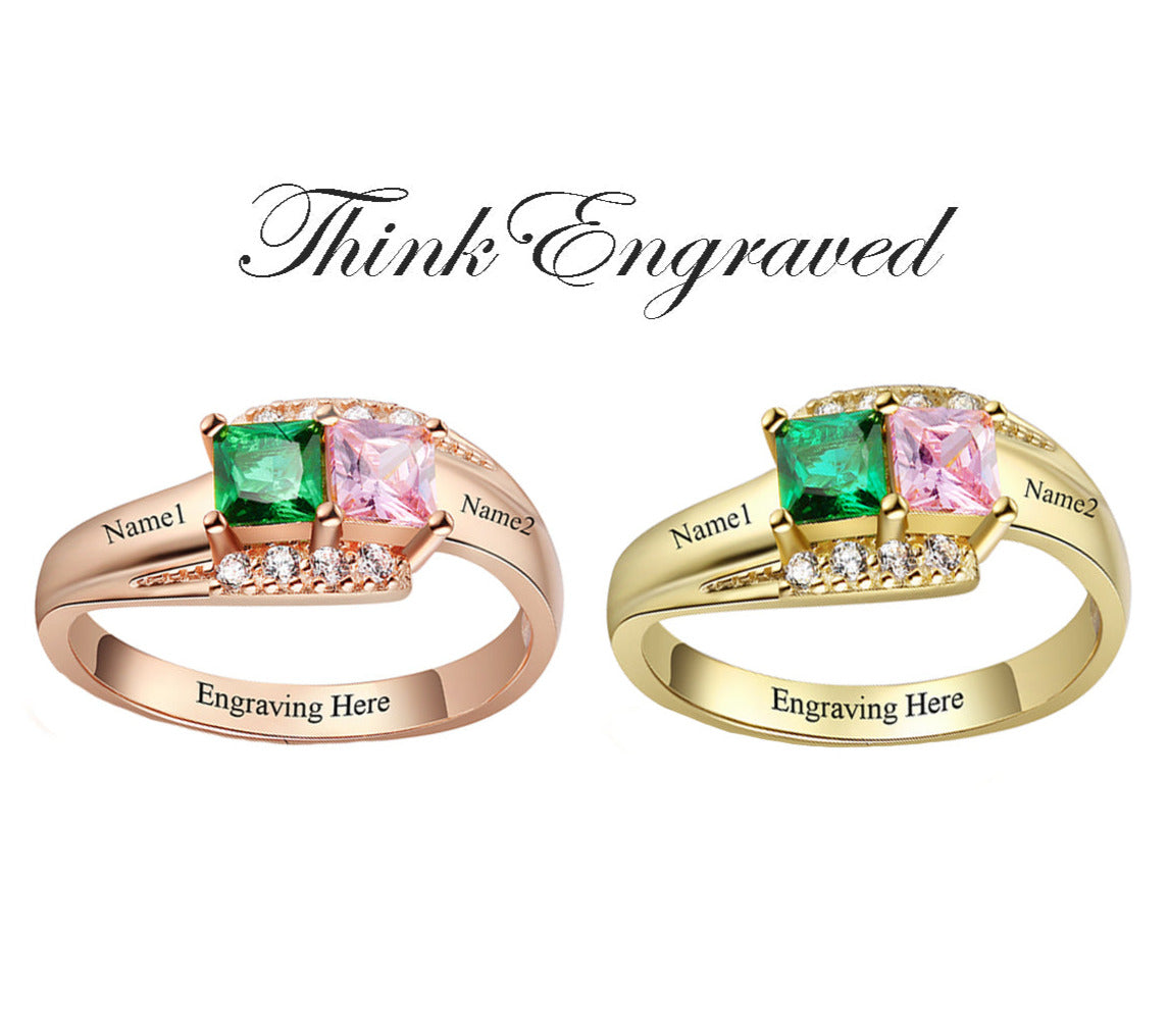 Think Engraved Peronalized Ring Personalized 2 Stone Splendid 14k Gold or Rose Gold Mothers Ring or Promise Ring