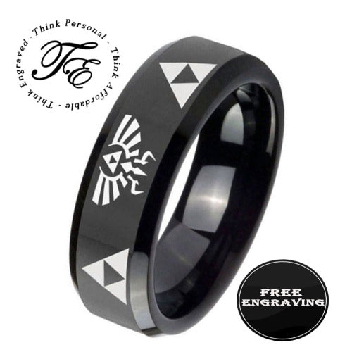 Think Engraved Promise Ring 8mm size 9 Personalized Engraved Men's Black Zelda Tri Force Promise Ring