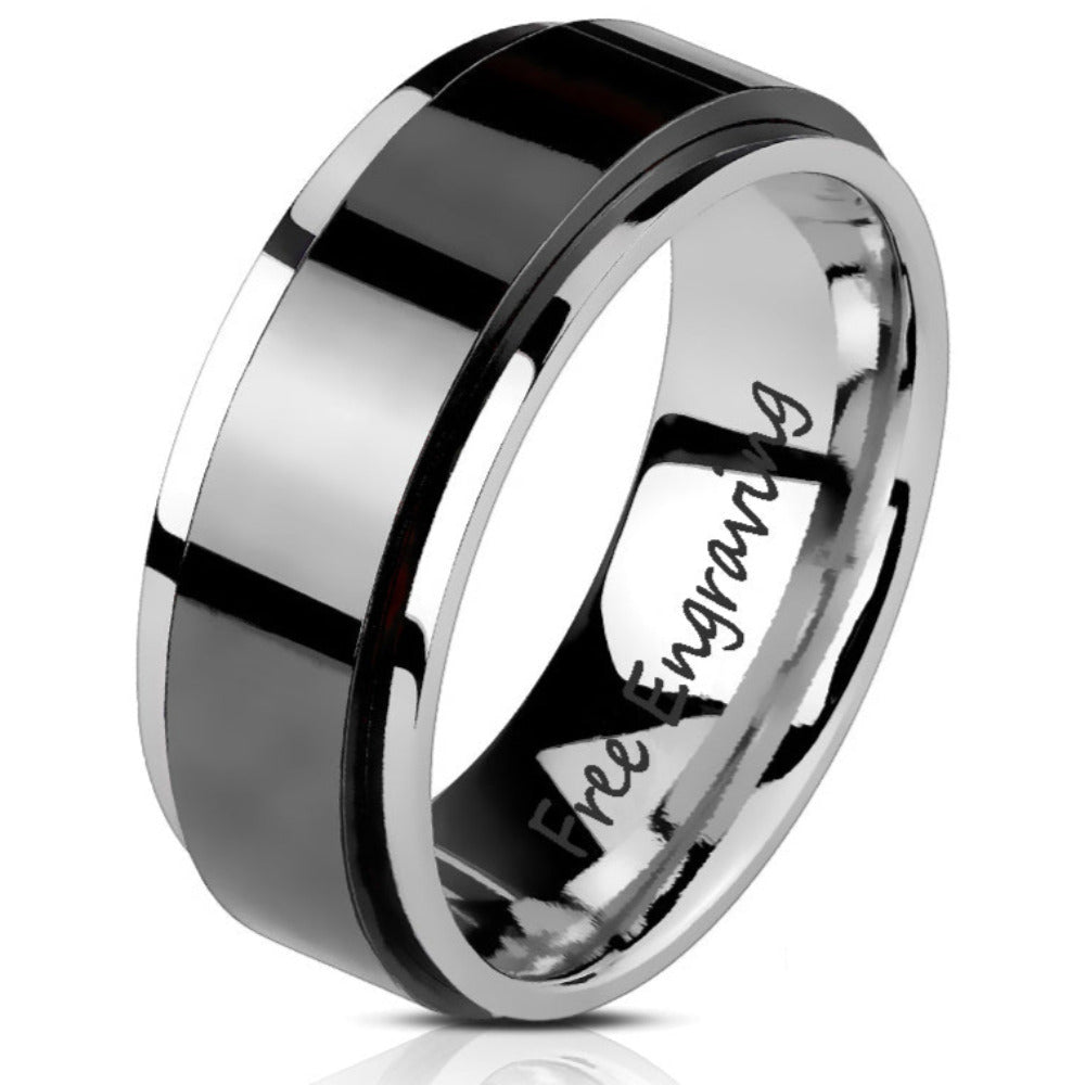 Think Engraved Promise Ring 9 Personalized Men's Promise Ring - Black and Silver Fidget Spinner Ring