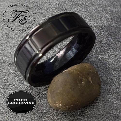 Think Engraved Promise Ring Custom Engraved Men's Black Promise Ring - Black Square Grooves Stainless Steel