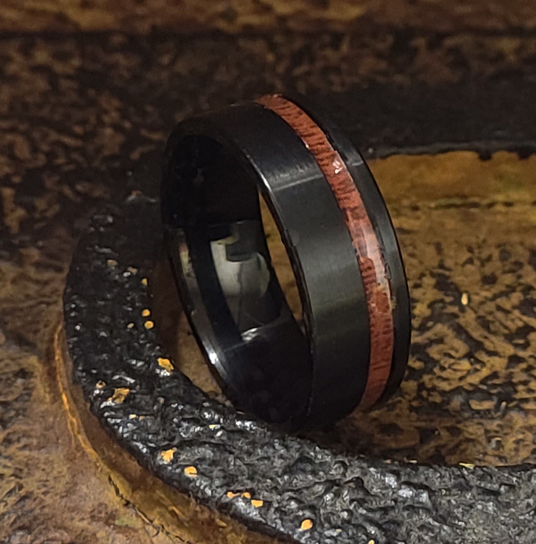 Think Engraved Promise Ring Men's Personalized Black Wedding Ring With Koa Wood Inlay