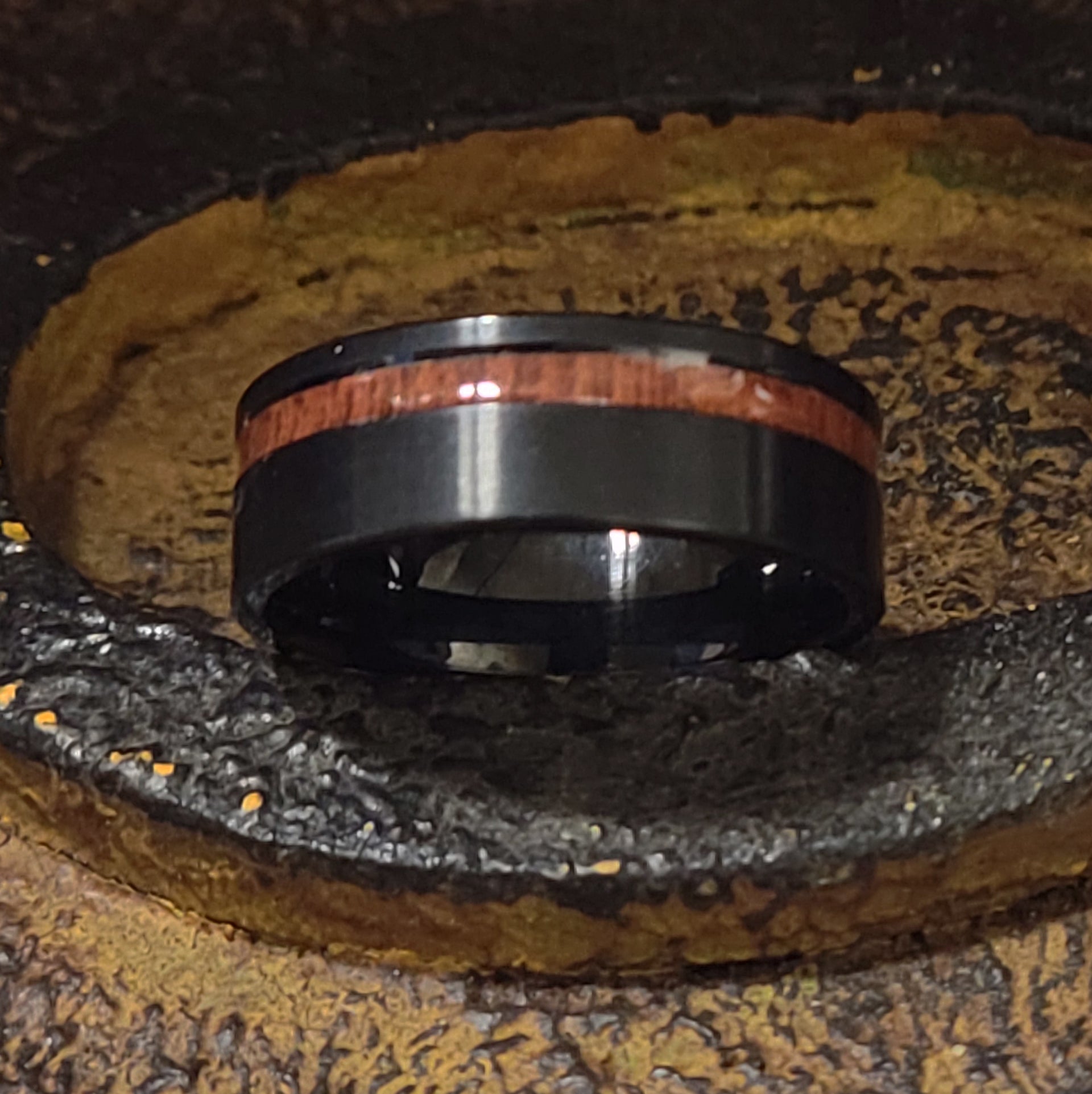 Think Engraved Promise Ring Men's Personalized Black Wedding Ring With Koa Wood Inlay