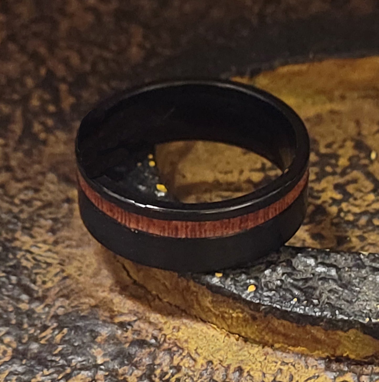 Think Engraved Promise Ring Men's Personalized Black Wedding Ring With Koa Wood Inlay