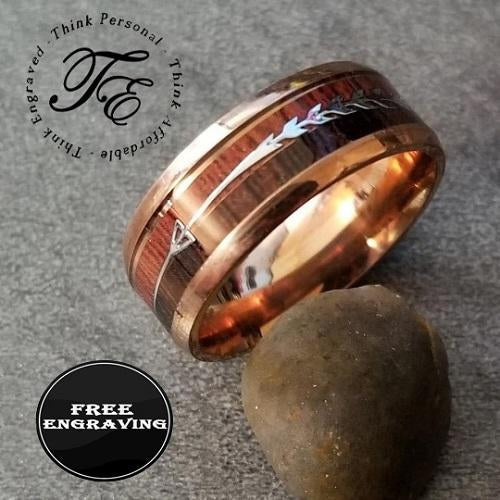 Think Engraved Promise Ring Mens Personalized Rose Gold Promise Ring African Wood and Koa Wood