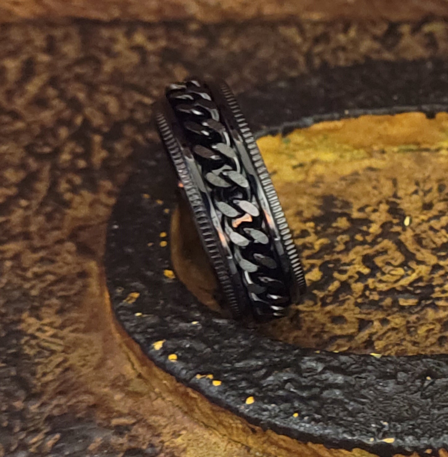 Think Engraved Promise Ring Personalized Men's Black Chain Spinner Ring - Engraved Handwriting Ring