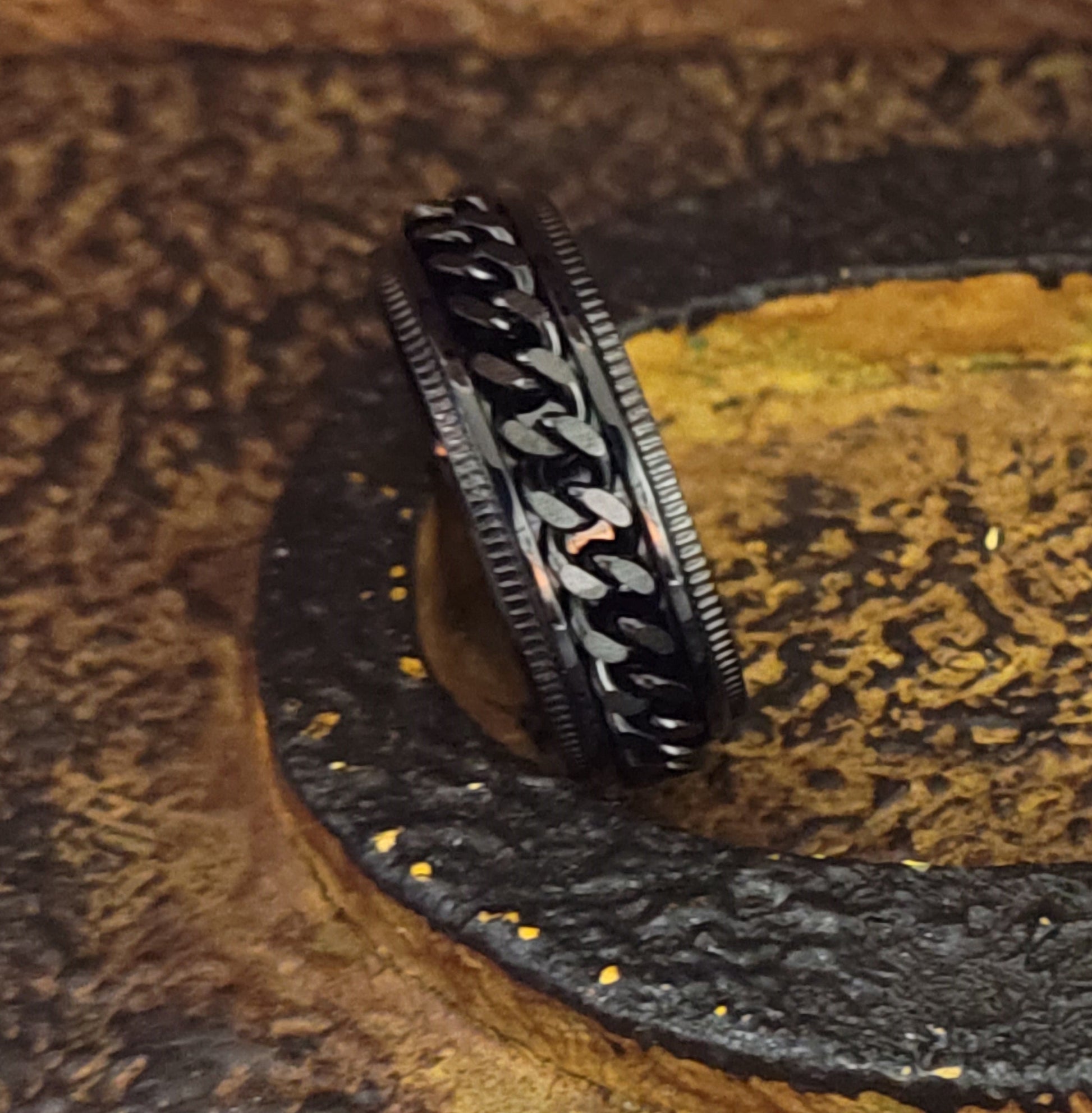 Think Engraved Promise Ring Personalized Men's Black Chain Spinner Ring - Engraved Handwriting Ring