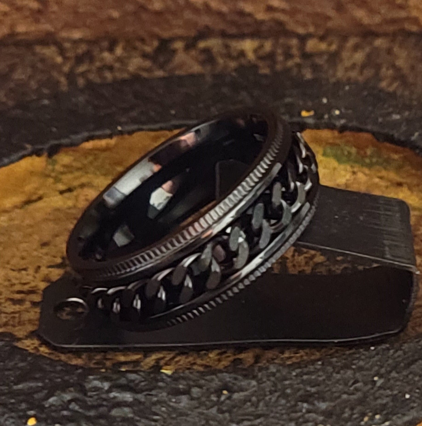 Think Engraved Promise Ring Personalized Men's Black Chain Spinner Ring - Engraved Handwriting Ring