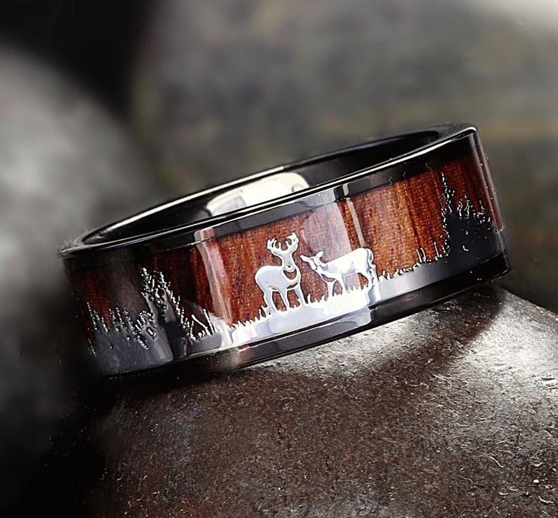 Think Engraved Promise Ring Personalized Men's Deer Hunting Wedding Ring - Wood Inlay