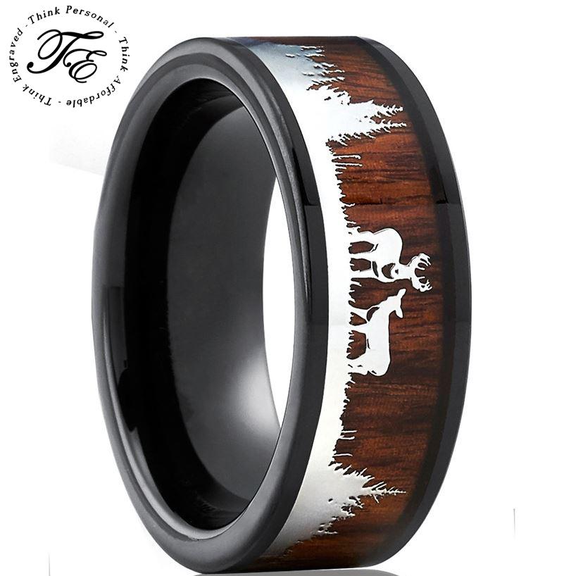 Think Engraved Promise Ring Personalized Men's Deer Hunting Wedding Ring - Wood Inlay