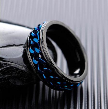 Think Engraved Promise Ring Personalized Men's Promise Ring - Black and Blue Chain Spinner Ring