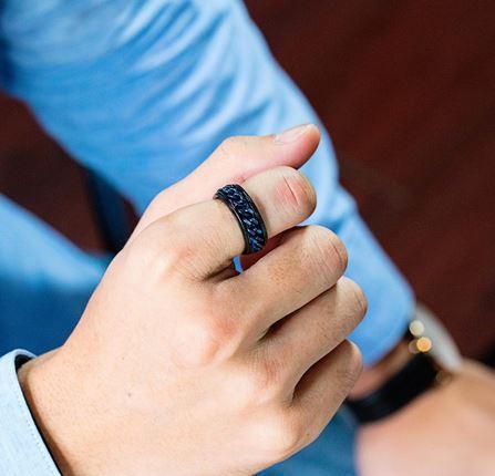Think Engraved Promise Ring Personalized Men's Promise Ring - Black and Blue Chain Spinner Ring