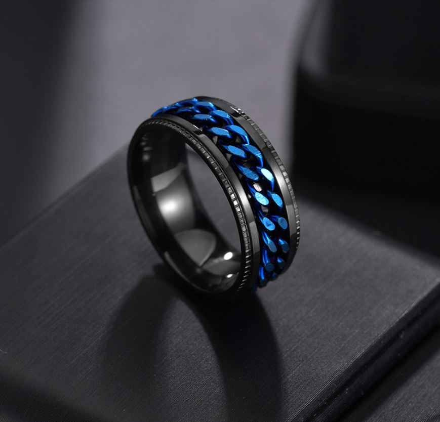 Think Engraved Promise Ring Personalized Men's Promise Ring - Black and Blue Chain Spinner Ring