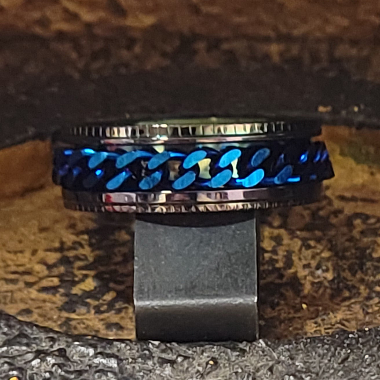 Think Engraved Promise Ring Personalized Men's Promise Ring - Black and Blue Chain Spinner Ring