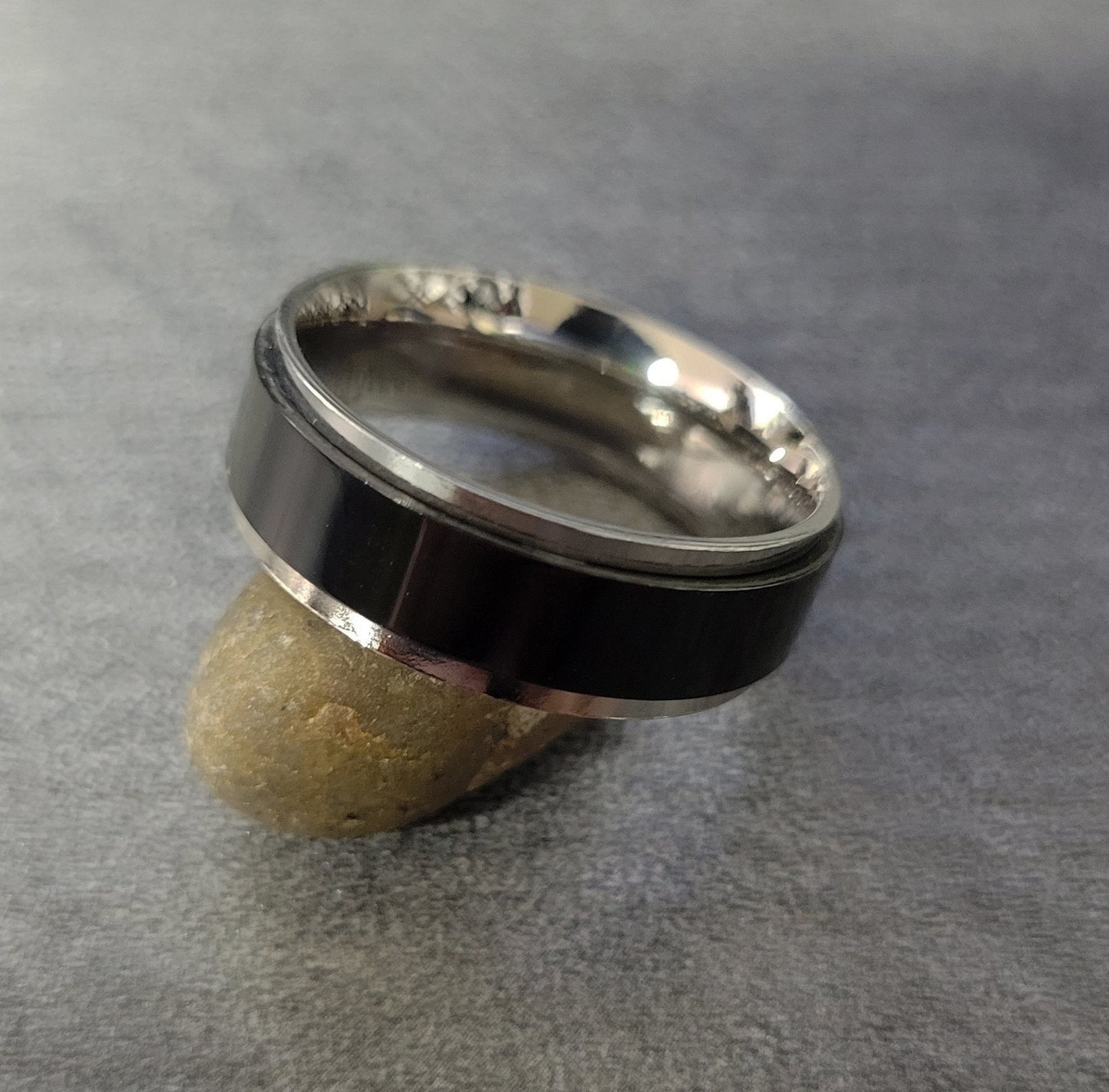 Think Engraved Promise Ring Personalized Men's Promise Ring - Black and Silver Fidget Spinner Ring