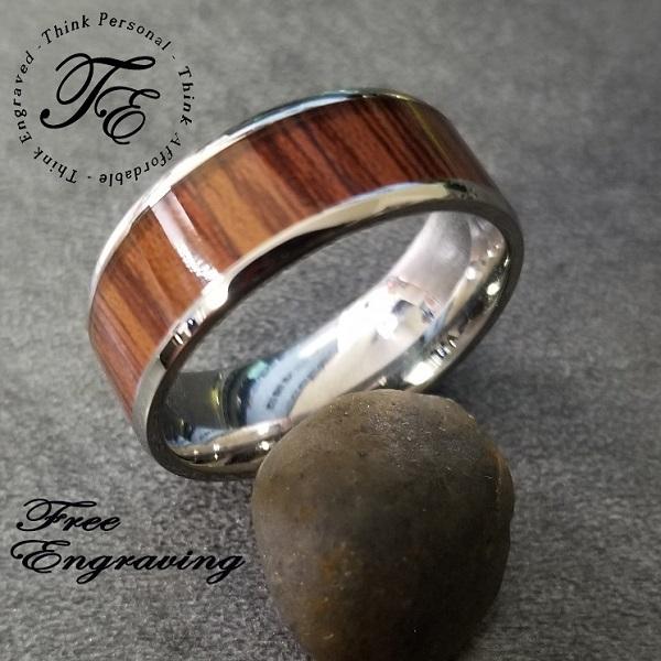 Think Engraved Promise Ring Personalized Men's Promise Ring - Silver With Wood Inlay Stainless Steel