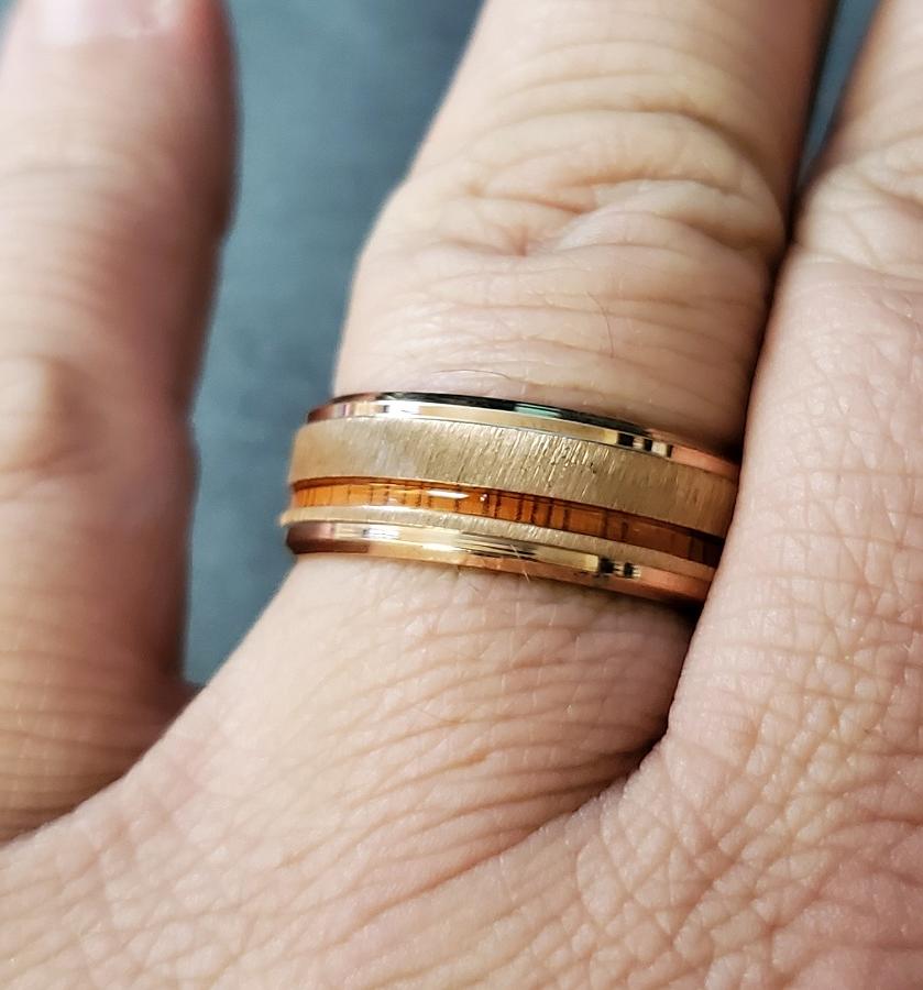 Think Engraved Promise Ring Personalized Men's Rose Gold Promise Ring - Koa Wood Inlay